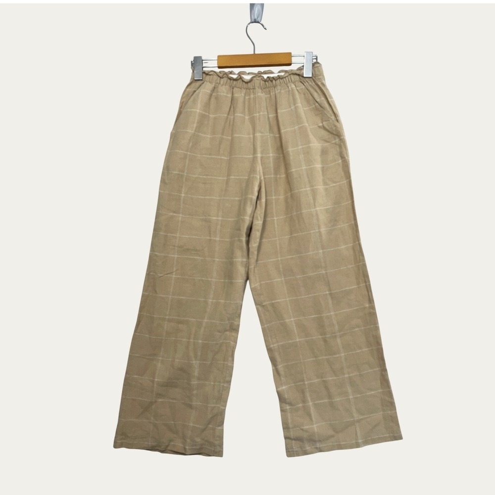 Oak + Fort Linen Cotton Windowpane Wide Leg Paperbag Waist Pants Tan Beige Small